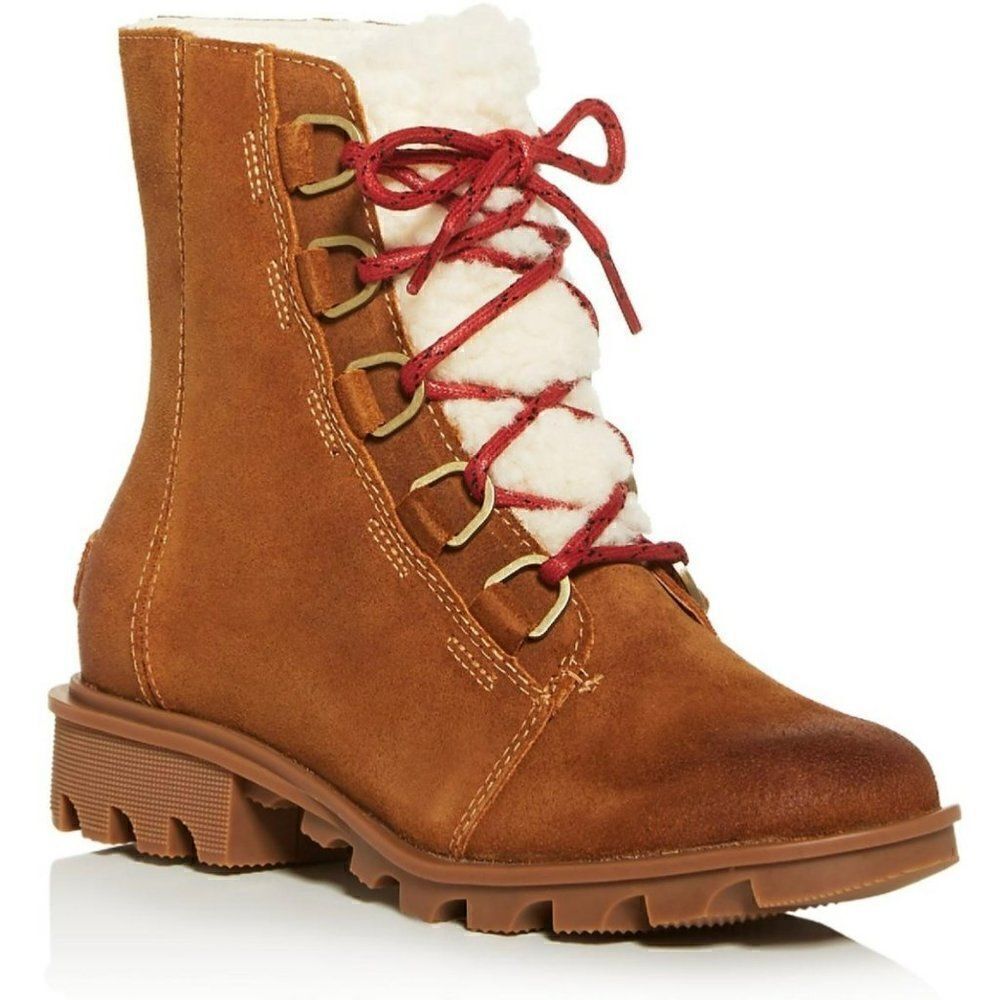 Sorel‎ Phoenix Short Cozy Brown Suede Shearling Combat Boots Women Size 6